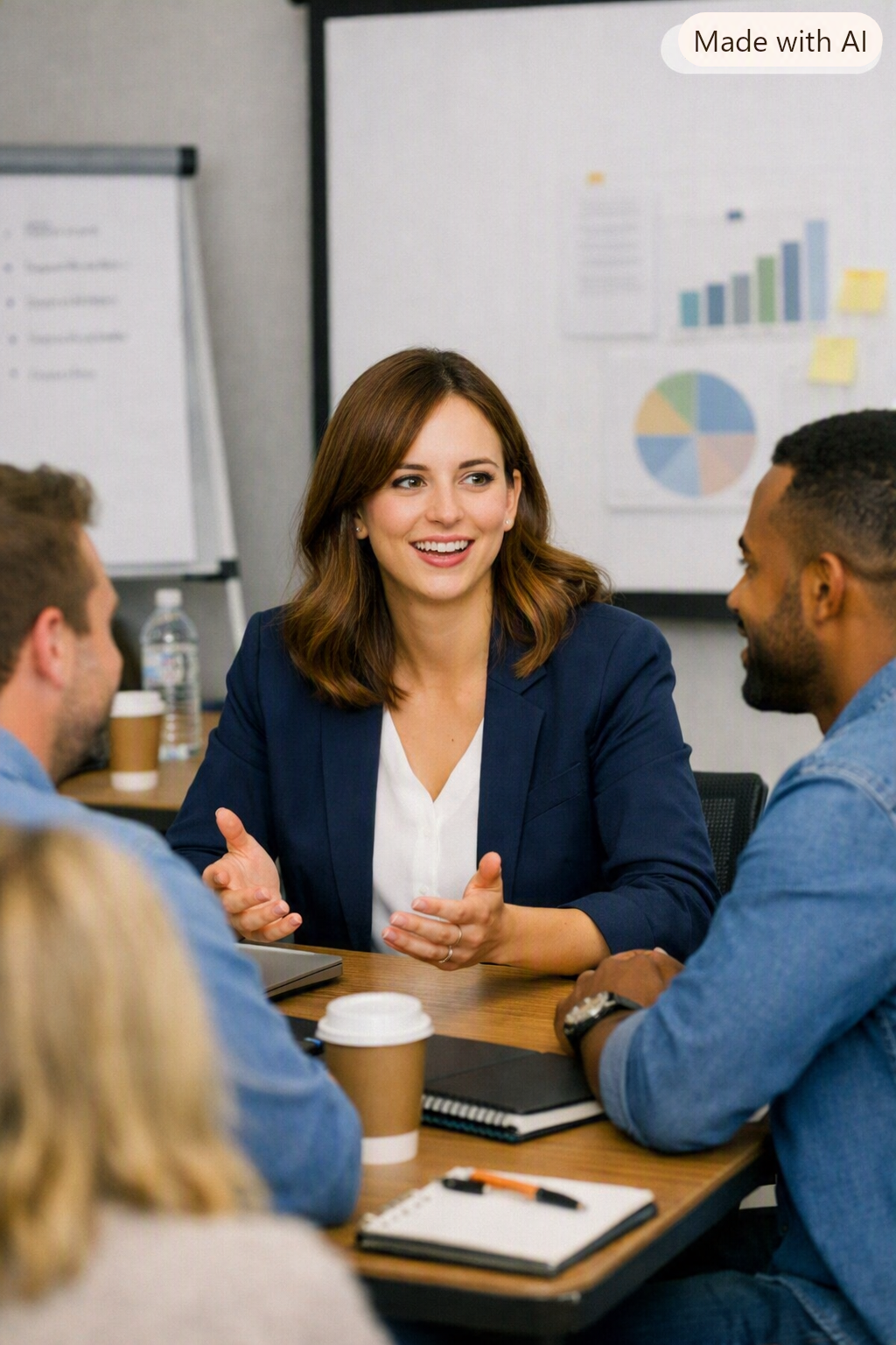 A manager or leader in a blue blazer speaking to a group of colleagues in a meeting room with charts and graphs on a whiteboard in the background.