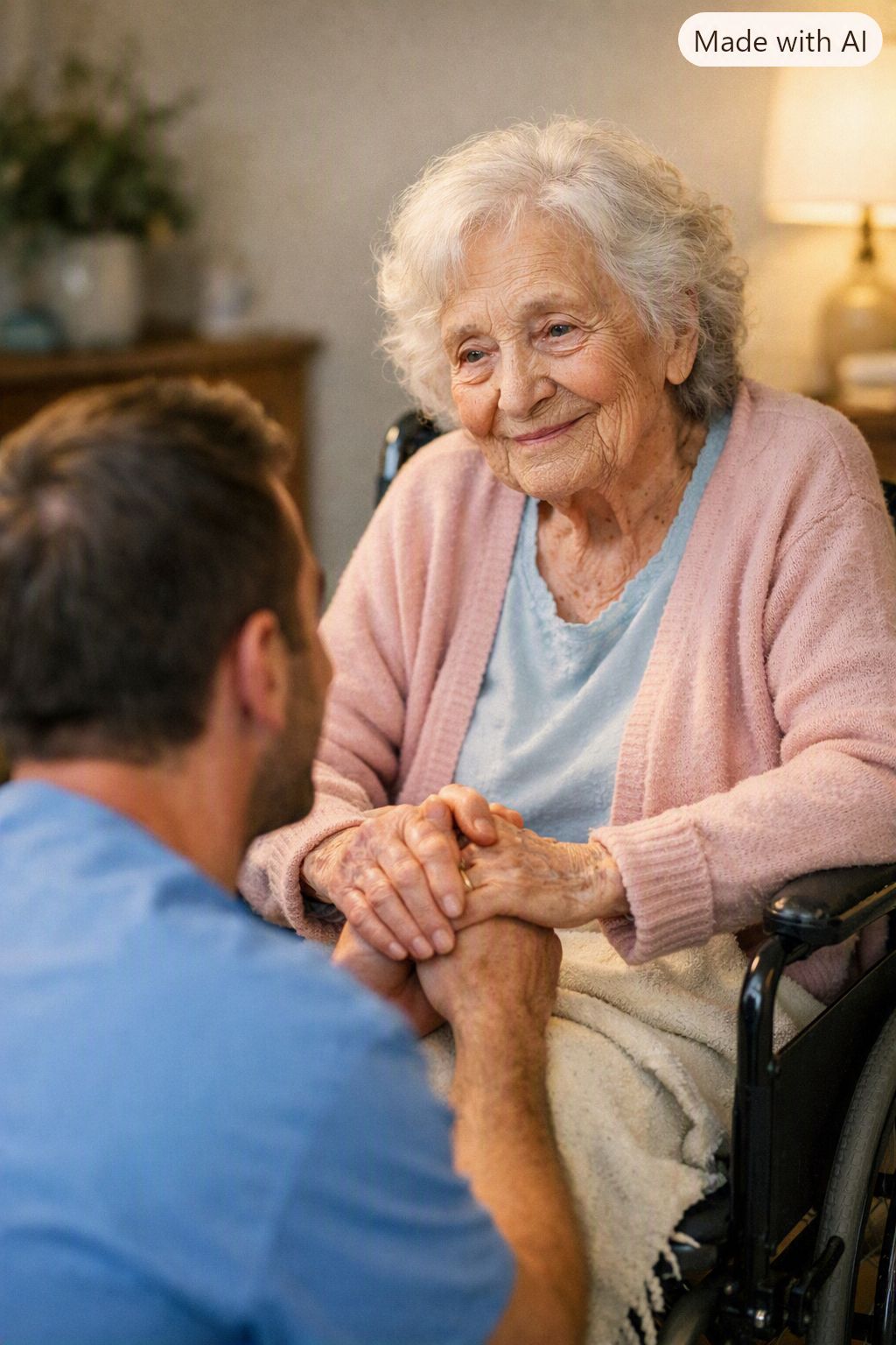 An elderly woman with white hair sitting in a wheelchair, smiling and holding hands with a man in a blue shirt who is kneeling in front of her.