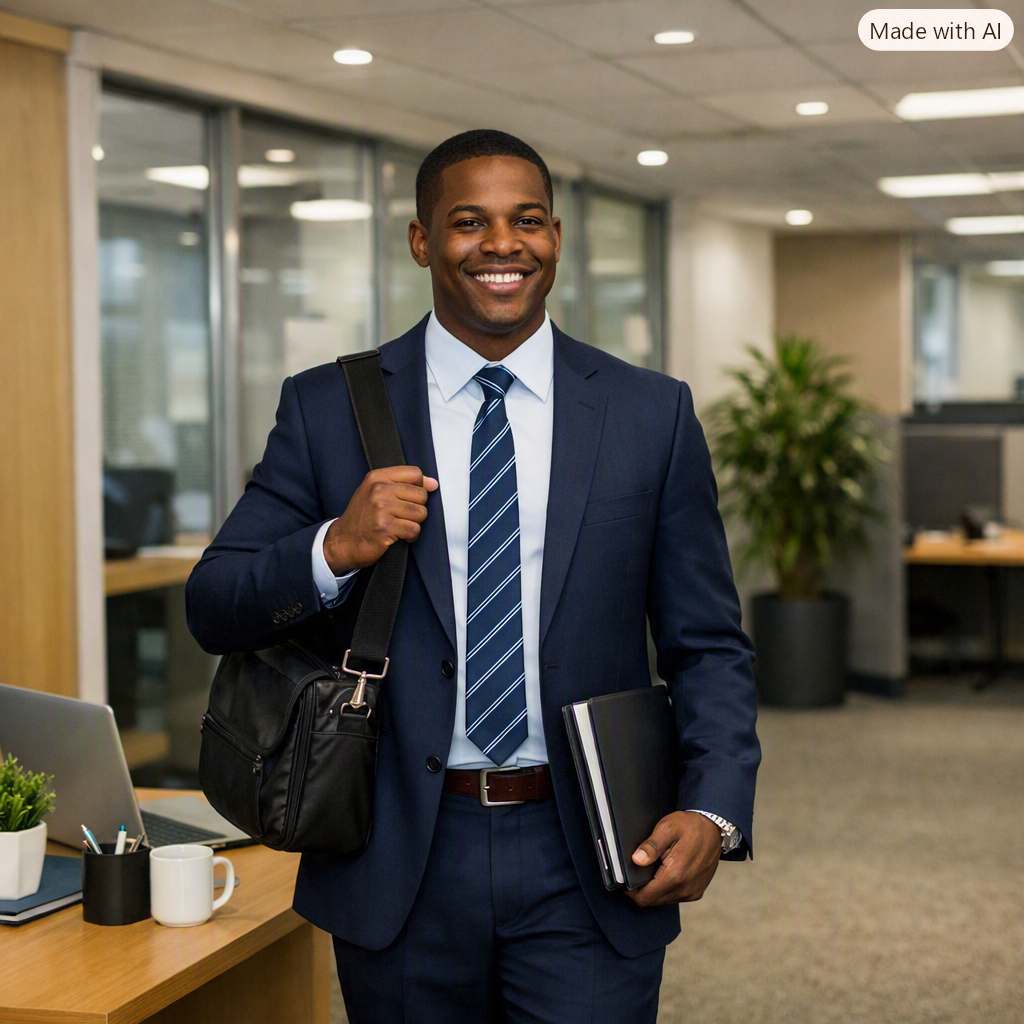 A smiling man in a navy suit holding a black folder, wearing a tie and carrying a shoulder bag inside an office building.