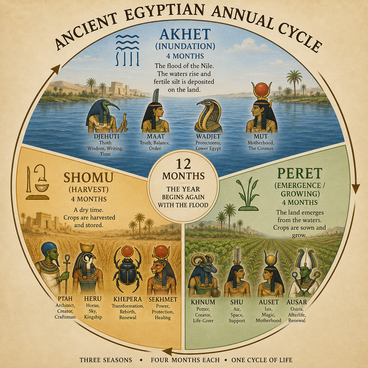 Diagram of the ancient Egyptian annual cycle showing four seasons: Peret (Emergence/Growing), Shomu (Harvest), Akhet (Inundation), and the cycle's 12 months. It includes depictions of Egyptian gods and symbols representing each season and month.