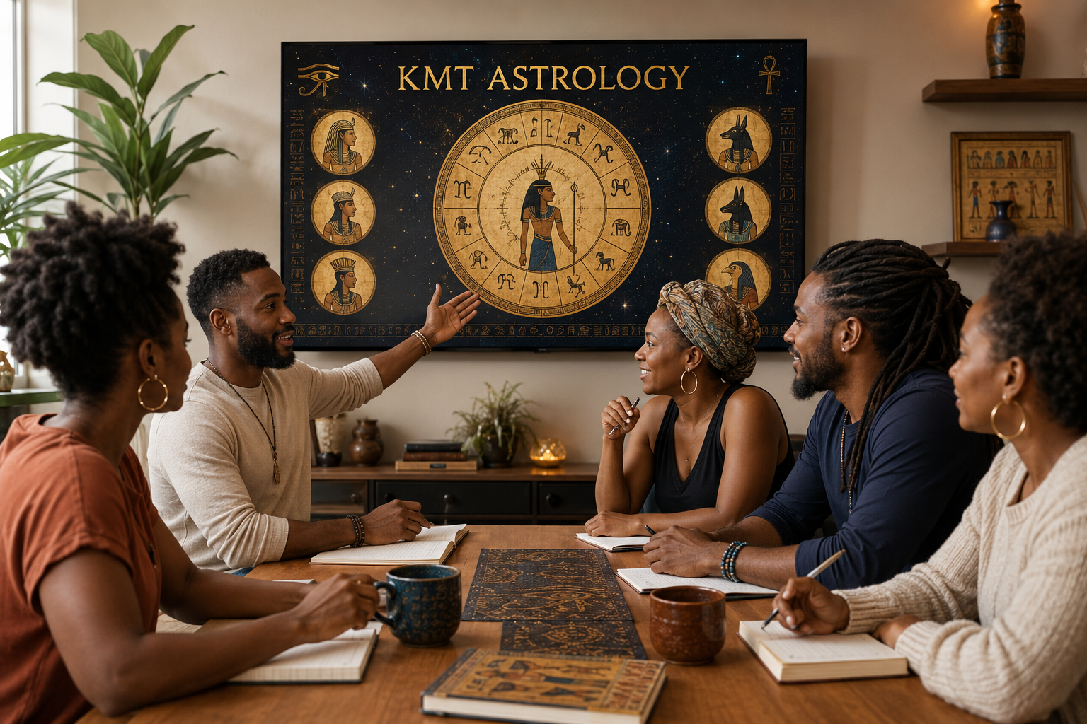 A group of five people, three women and two men, sitting around a table in a meeting room, listening to a man who is explaining astrology charts and symbols on a screen labeled "KMT Astrology", with notes and coffee cups on the table.