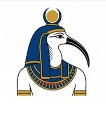 Illustration of an Egyptian god or deity with the head of a bird, wearing traditional jewelry and headdress