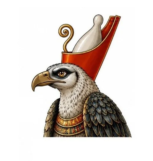 A bird with the head of an eagle wearing a necklace, carrying a large red container on its back with a white bottle inside.