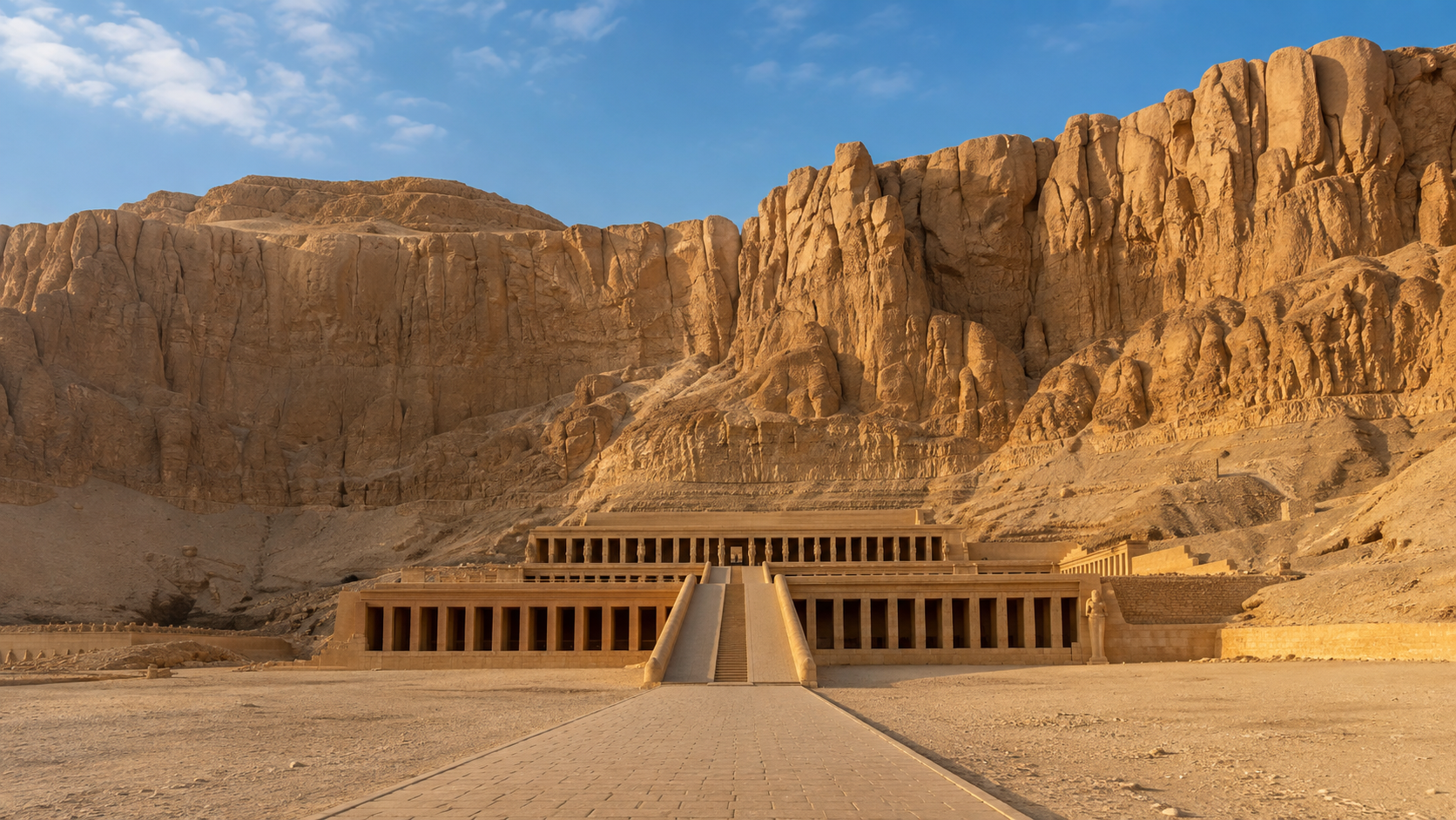 Ancient Egyptian temple with a wide staircase leading to a structure with columns, set against a large rocky mountain under a blue sky.