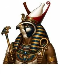An illustration of an Egyptian deity with a hawk's head, wearing a nemes headdress, and holding a staff and an ankh, with a white crown on its head.