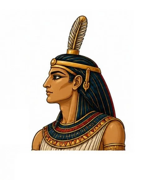 Illustration of an ancient Egyptian man wearing traditional headdress and jewelry, with a feather in his headpiece.