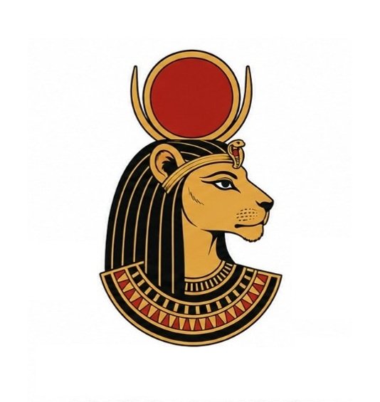 Illustration of an Egyptian-style profile of a lion's head with a headdress, featuring a red sun disk on top.
