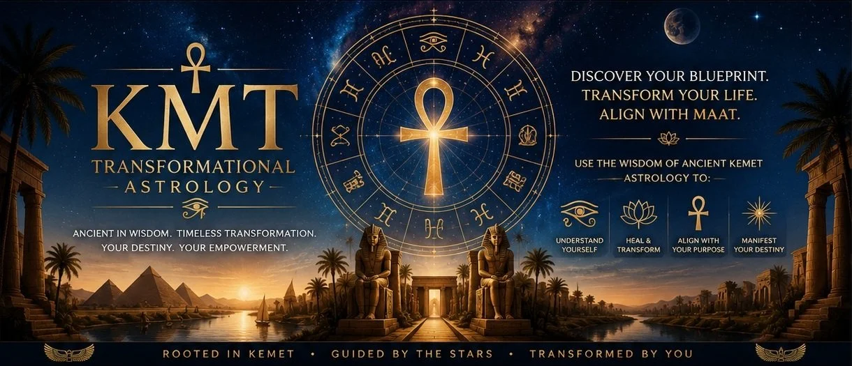 Digital advertisement for KMT Transformational Astrology featuring Egyptian statues, pyramids, and palm trees under a starry night sky with zodiac symbols and Egyptian motifs.