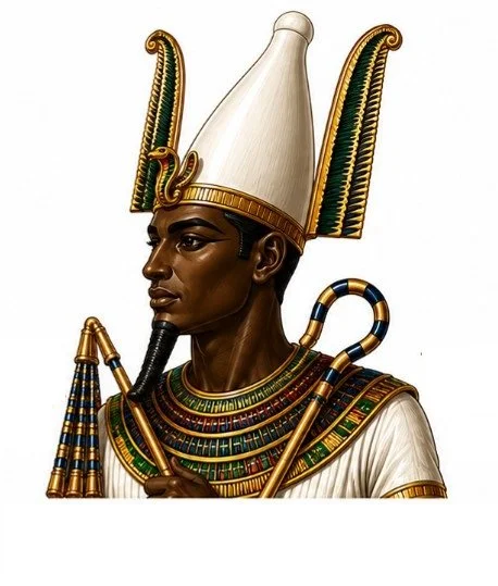 A detailed portrait of an ancient Egyptian pharaoh wearing a white headdress, traditional Egyptian jewelry, and holding a staff and an ankh.
