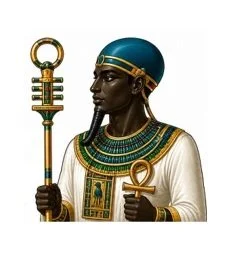 Ancient Egyptian statue of a pharaoh holding a staff and an ankh symbol, wearing a headdress and traditional jewelry.