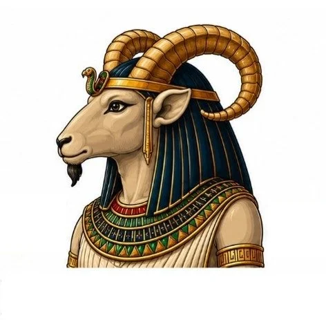 A digitally illustrated character of an anthropomorphic goat with a human body, wearing ancient Egyptian-style jewelry and headdress, including large curled ram horns.