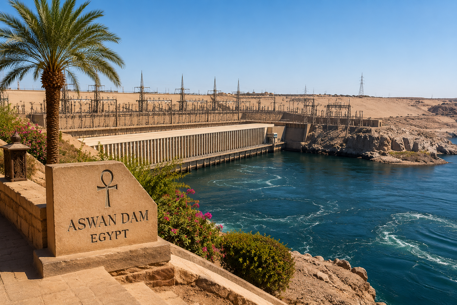 A view of Aswan Dam in Egypt with a stone marker in the foreground, palm trees, colorful flowers, and the dam structure extending across the Nile River under a clear blue sky.