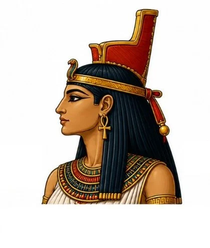 A stylized illustration of an ancient Egyptian woman with traditional attire, including a headdress resembling a crown, a long black wig, and jewelry such as a neckpiece, earrings, and an ankh pendant.