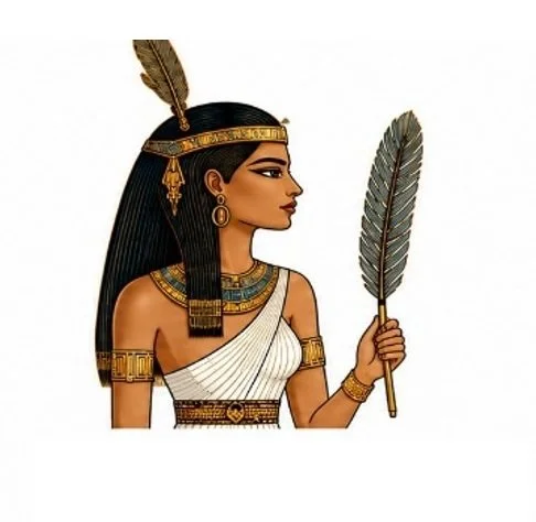Digital illustration of an ancient Egyptian woman with dark hair, wearing a white dress, gold jewelry, and a headband with a feather, holding a large feather.