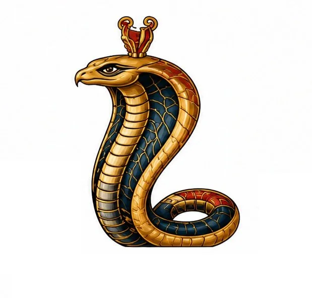 A detailed illustration of a snake with a cobra-like hood, featuring gold, black, and red scales, and a regal crown on its head.