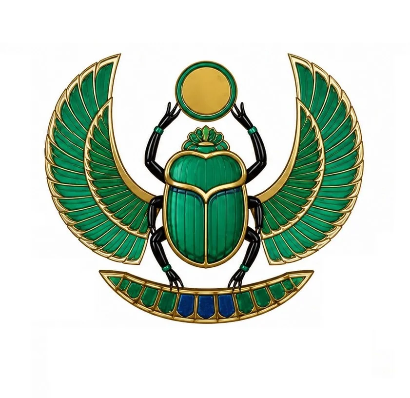 Close-up of an Egyptian-inspired decorative piece featuring a scarab beetle with outstretched wings, holding a gold disk above its head, with detailed green, black, and gold accents.