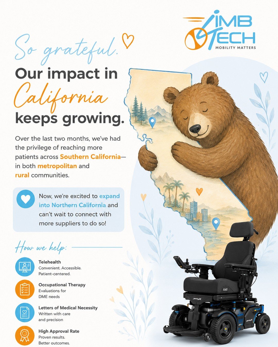 Over the last two months, we&rsquo;ve been incredibly grateful to expand our impact across Southern California, supporting patients in both metropolitan and rural communities through telehealth occupational therapy evaluations for complex mobility an