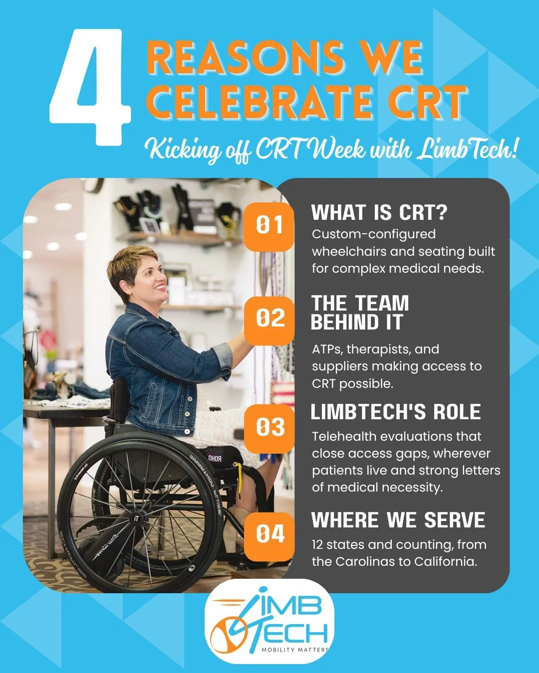 It's CRT Week! 🎉

Complex Rehab Technology isn't one-size-fits-all. It's custom-configured wheelchairs and seating systems built around each person's unique needs, and it takes a whole team to make that happen.

This week, we're celebrating the ATPs