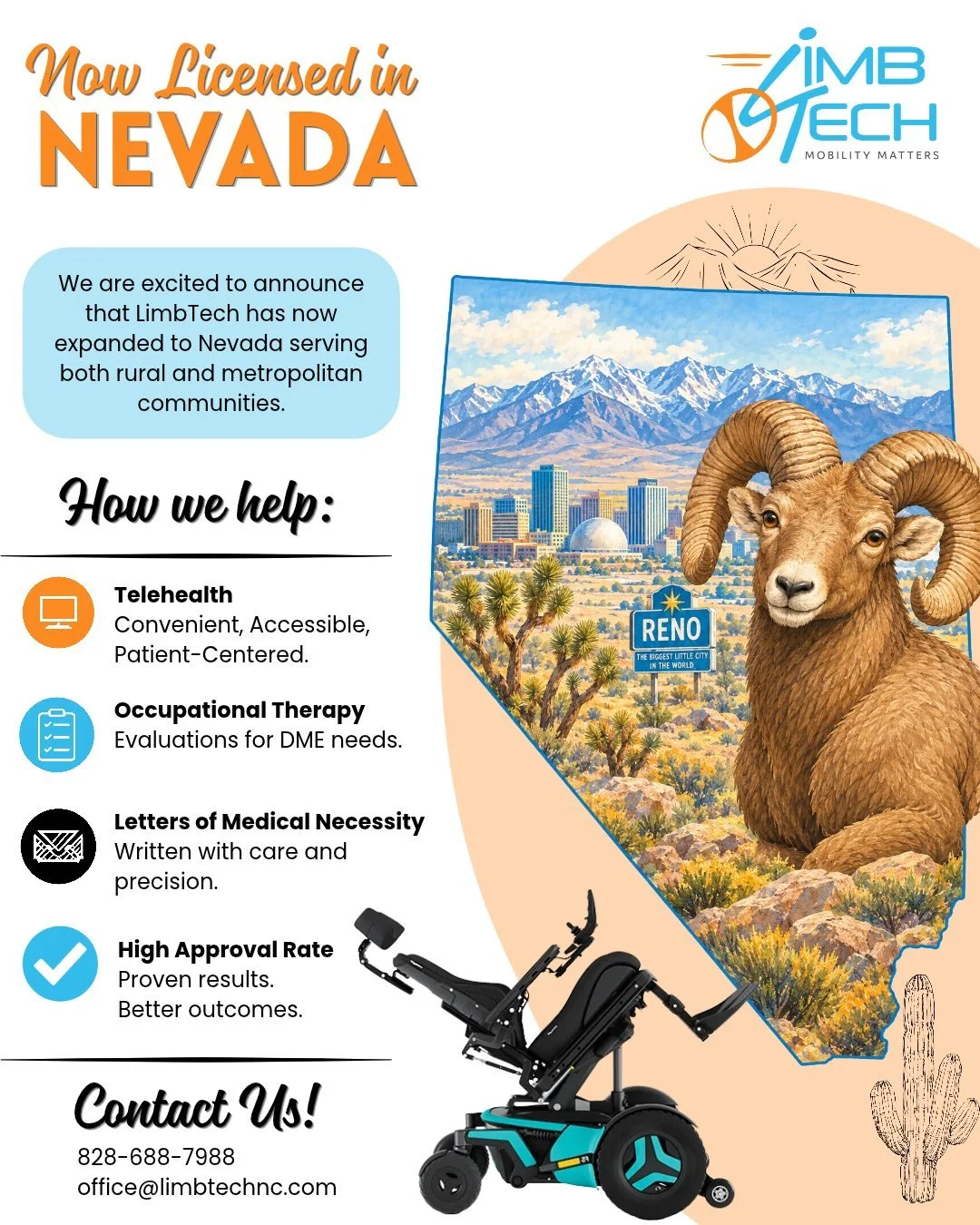 Big news! 🎉 LimbTech is now licensed in Nevada! 🏔️

We're proud to bring our telehealth occupational therapy and complex rehab services to Nevada, serving both rural and metropolitan communities. From Reno to the most remote corners of the state, q