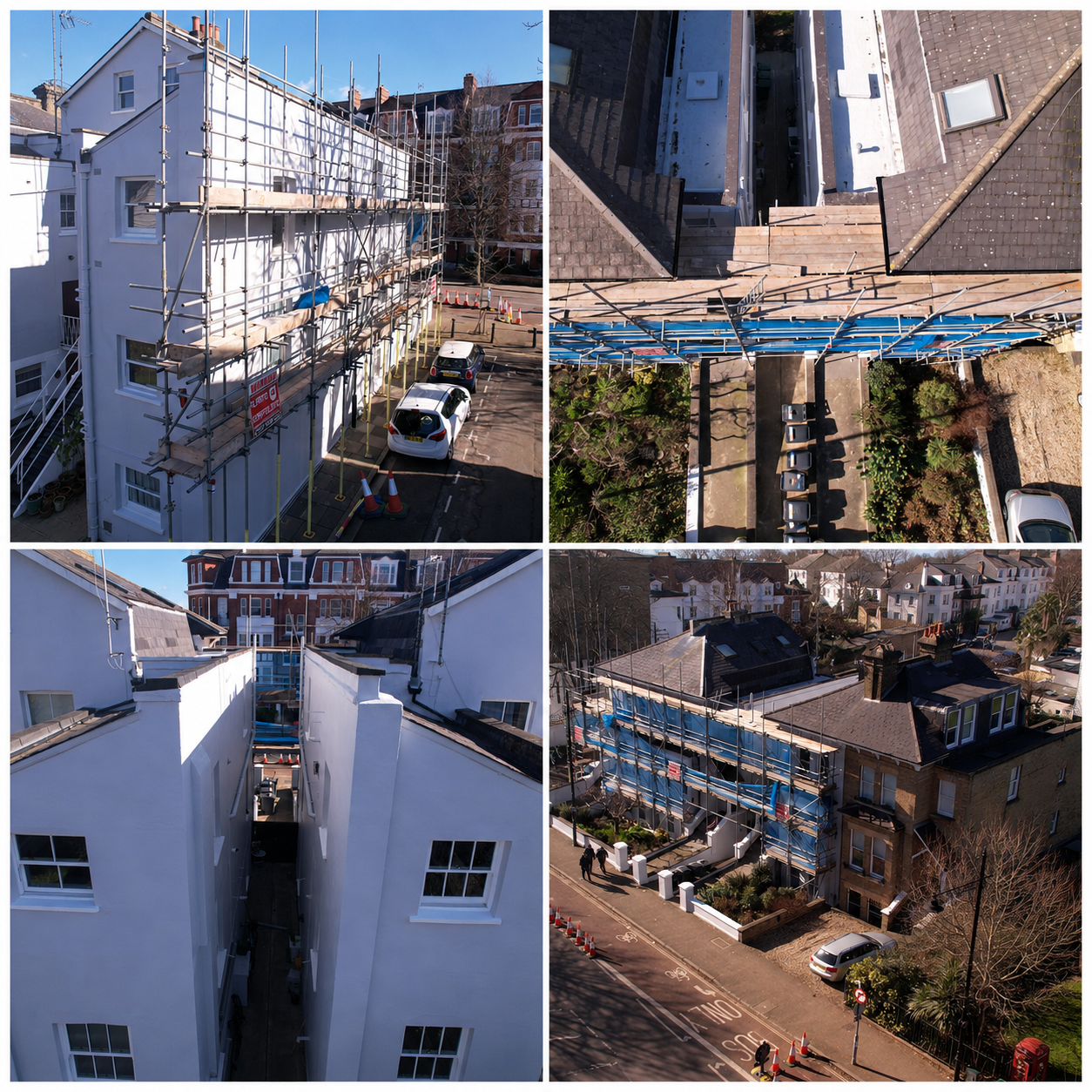 Rapid mobilisation within 24 hours of incident  Full aerial documentation of scaffold installation, site access and works progress  Timestamped photographic evidence provided for legal and insurance teams