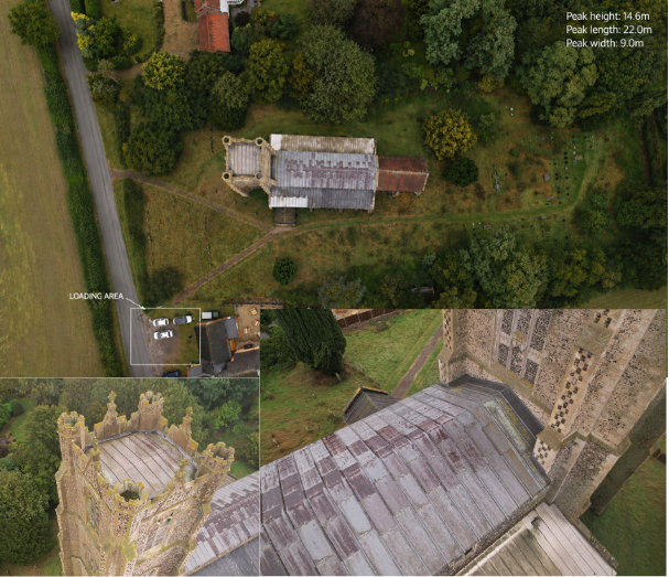 Heritage aerial survey of a Grade-listed rural church undergoing active restoration works. The site required sensitive logistics planning to allow works to proceed while respecting the surrounding graveyard and public access routes.