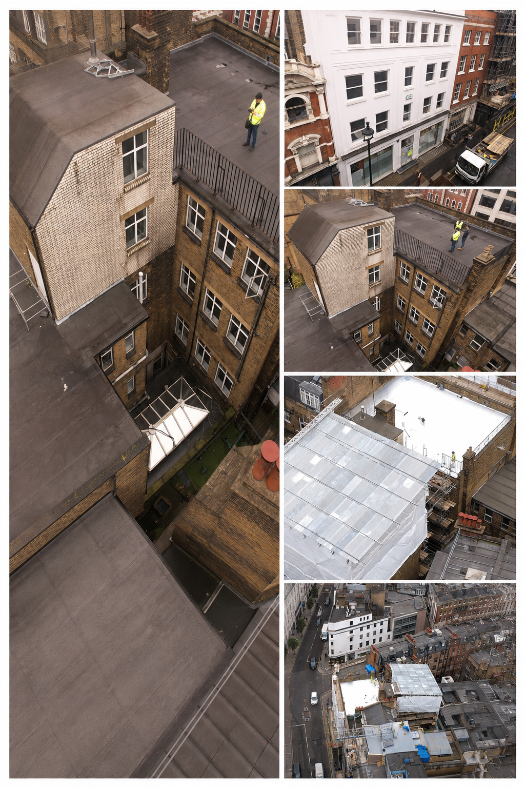 Facade and rooftop inspection survey of a multi-storey commercial building in central London, W1. The client required a full condition survey ahead of external scaffold design — in a location where traditional access methods would have cost an estima