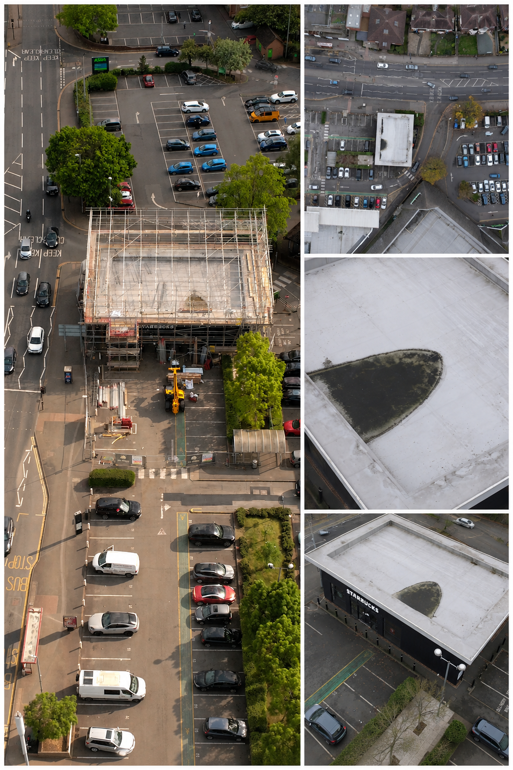 Progress monitoring survey of a Starbucks construction and roofing project in a busy retail park environment. The site required careful operational planning to fly safely in a high-footfall public location.