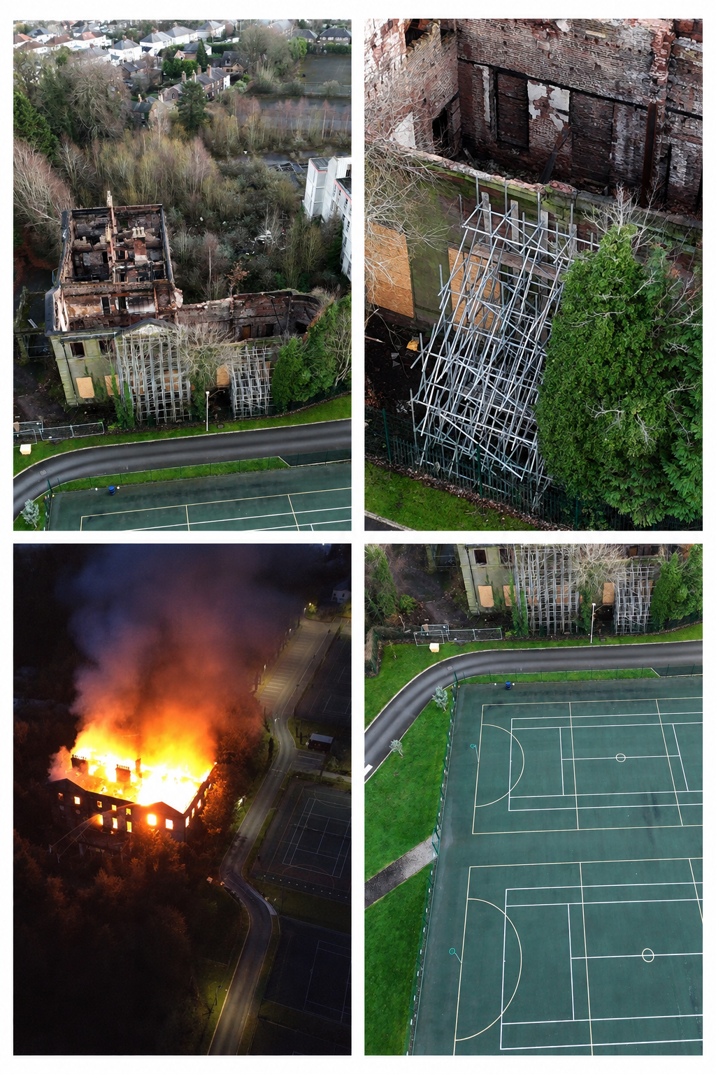 Aerial survey of Woolton Hall, a Grade II* listed Georgian mansion, following significant fire damage. The client required detailed visual data of the fire-affected roof structure and surrounding site to inform scaffold design for the restoration pro