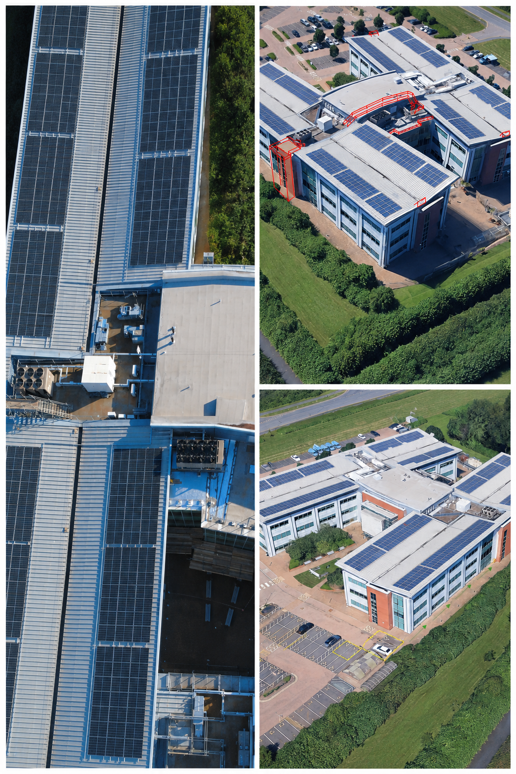 Aerial survey of a large commercial office complex to support scaffold design and solar panel maintenance planning. The site required detailed visual data across multiple rooftop levels, including hard-to-access areas between buildings.  Full rooftop