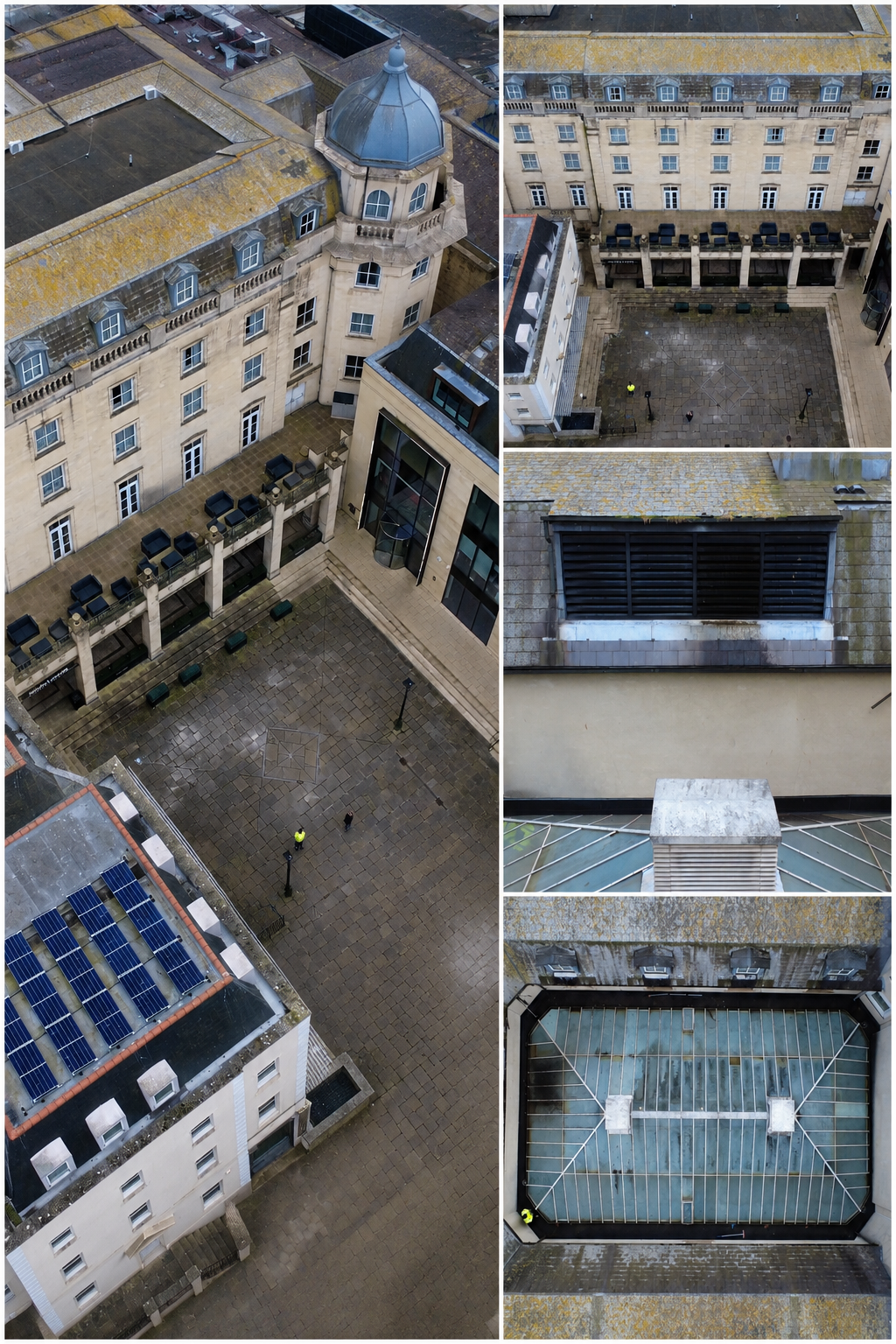 Comprehensive aerial survey of a landmark Victorian hotel in Bristol city centre, commissioned to support a major roof repair programme. The project required two distinct phases of aerial work — an external condition survey of the building's complex 