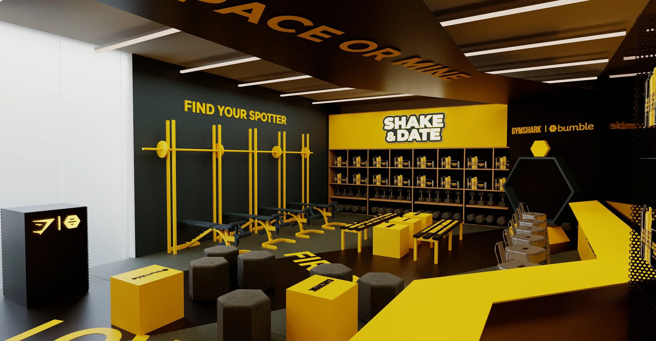 Interior of a fitness studio with black and yellow decor, featuring workout equipment, lockers, seating, and motivational signage.