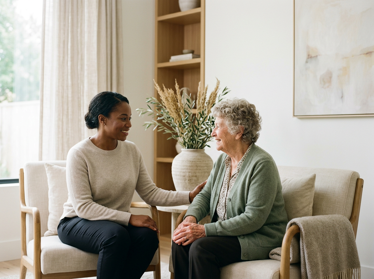 A young woman and an elderly woman sit on a sofa in a living room, smiling and engaging in conversation. The young woman gently touches the elderly woman's arm.