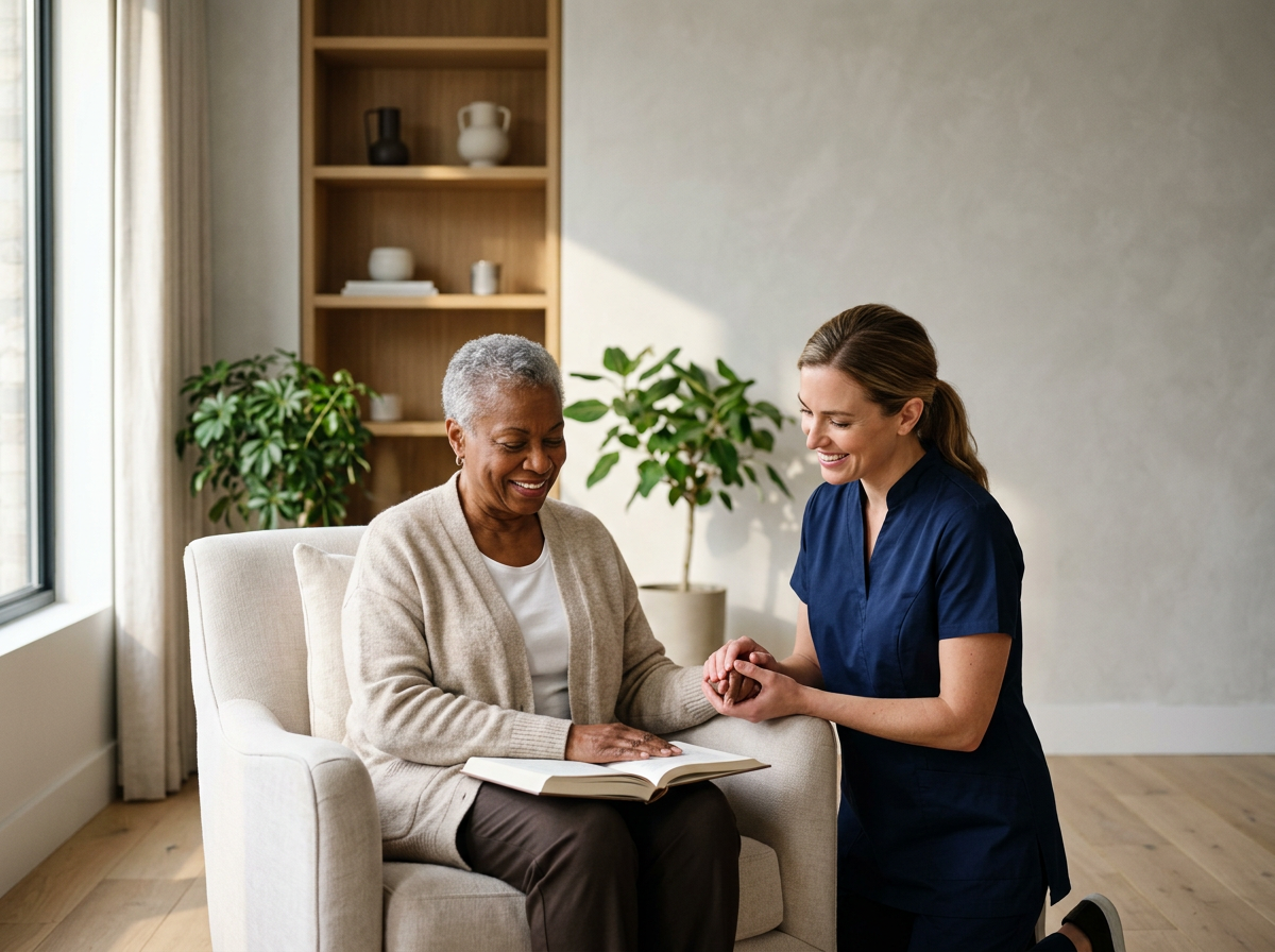A young female healthcare worker holding hands with an elderly woman reading a book, both smiling in a cozy living room.