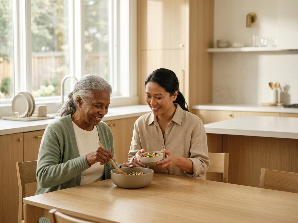 Two women, one elderly and one middle-aged, share a meal at a wooden dining table in a bright kitchen, smiling and enjoying each other's company.
