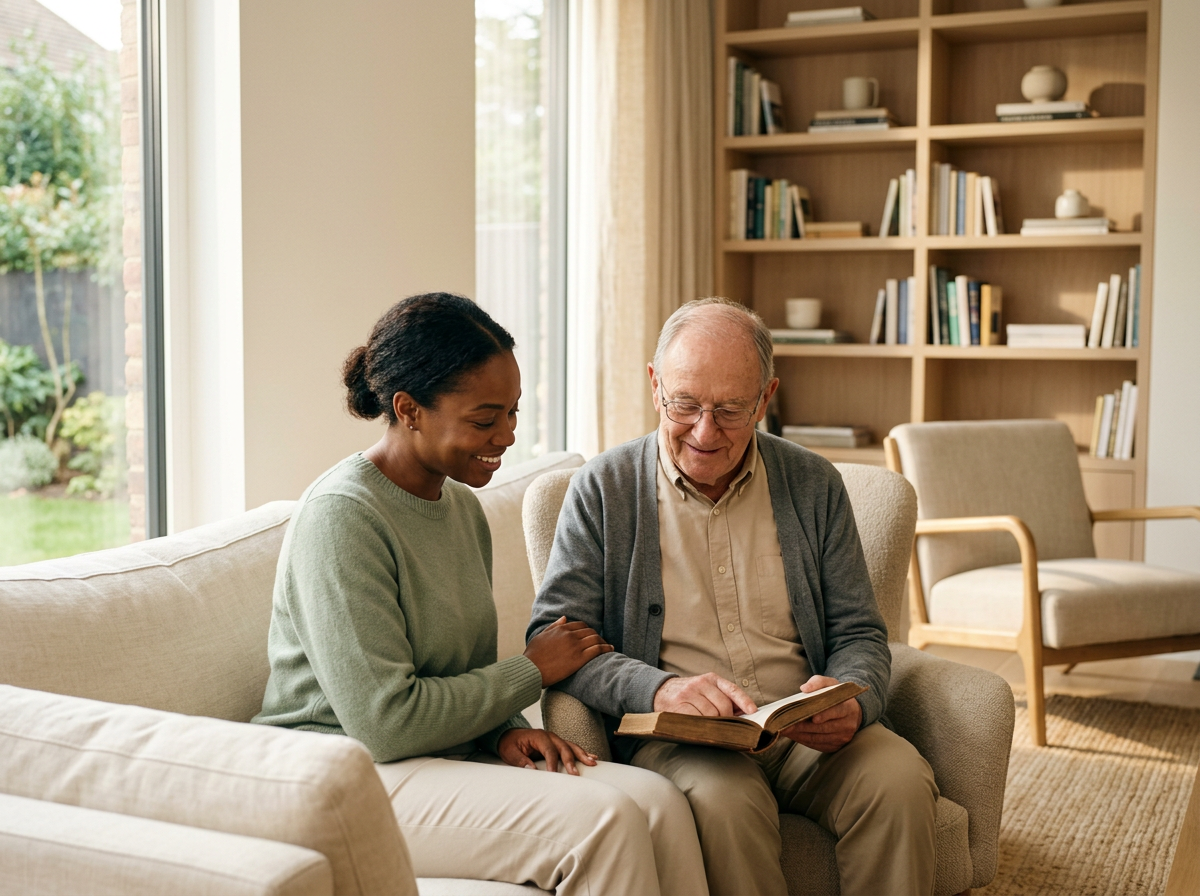 A young woman and an elderly man sitting on a beige couch in a living room, looking at a book together and smiling.