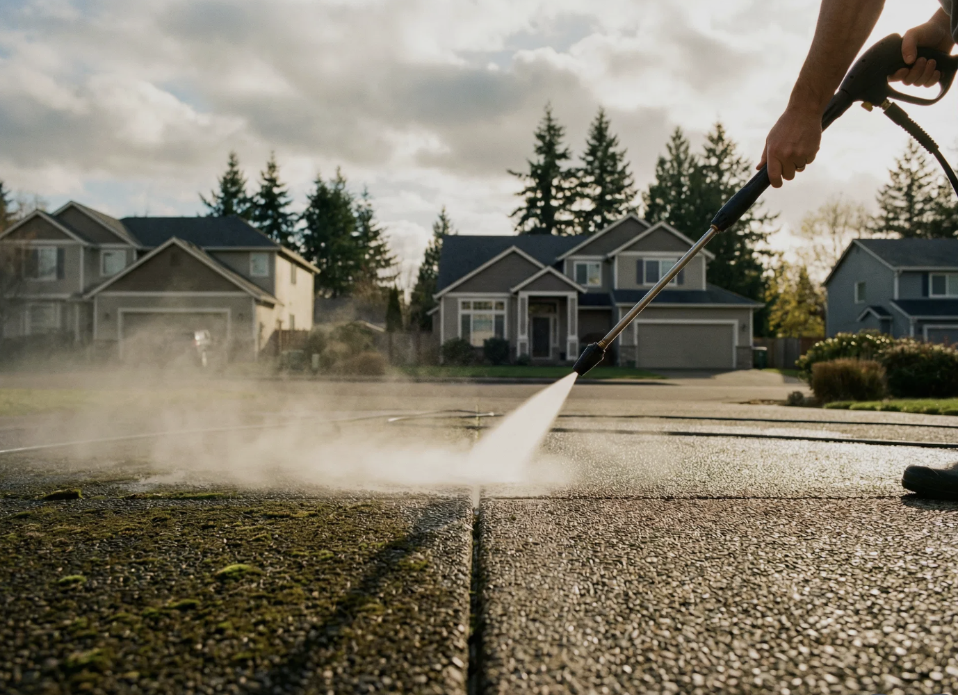 A person power washing a concrete driveway in a suburban neighborhood during late afternoon or early evening, with multiple houses and trees in the background.