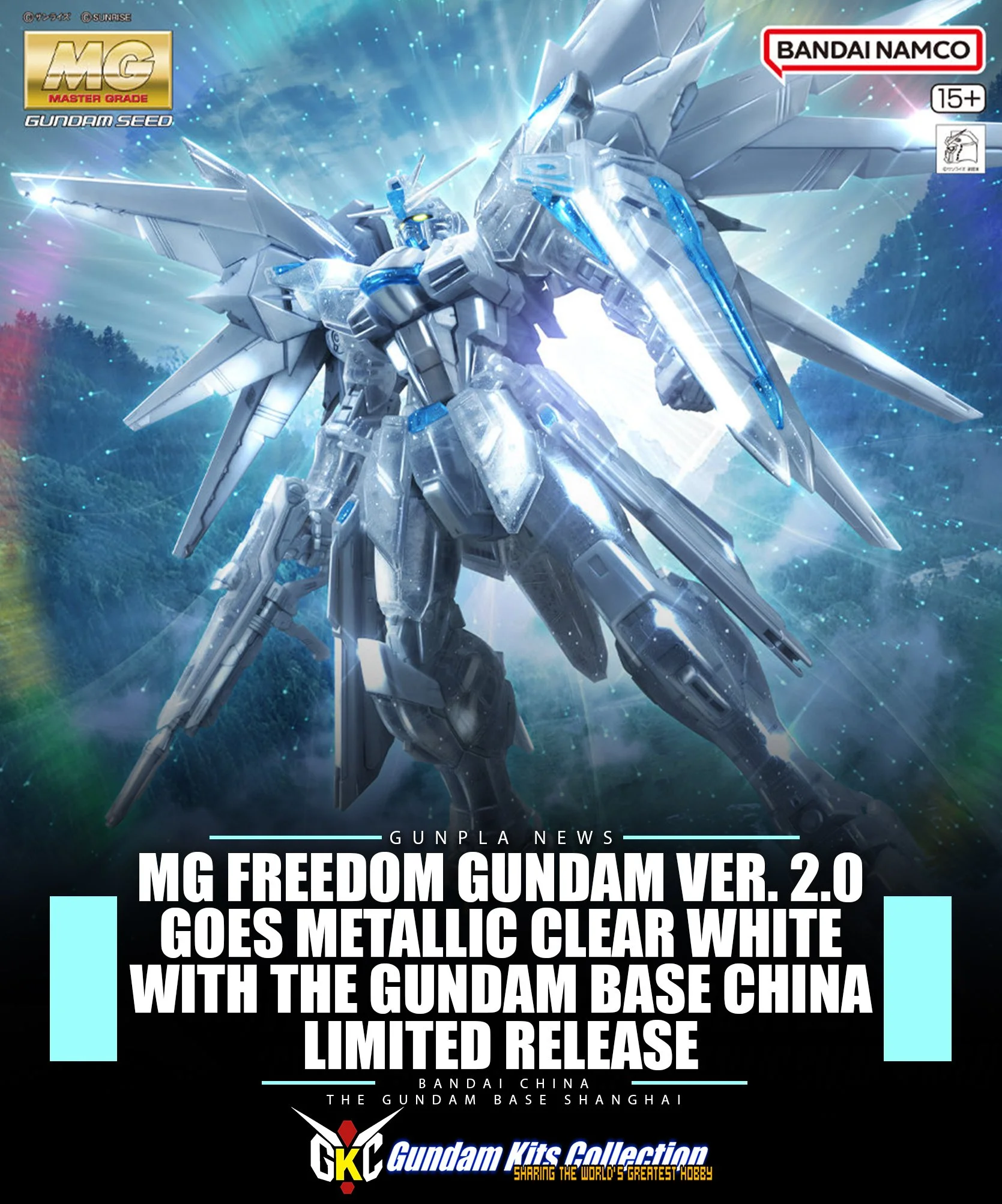 The MG 1/100 Freedom Gundam Ver. 2.0 is getting a new Gundam Base Limited color variant in Metallic Clear White. The special finish combines white armor with metallic, clear plastic parts across the mobile suit, presenting the classic MG kit in an el
