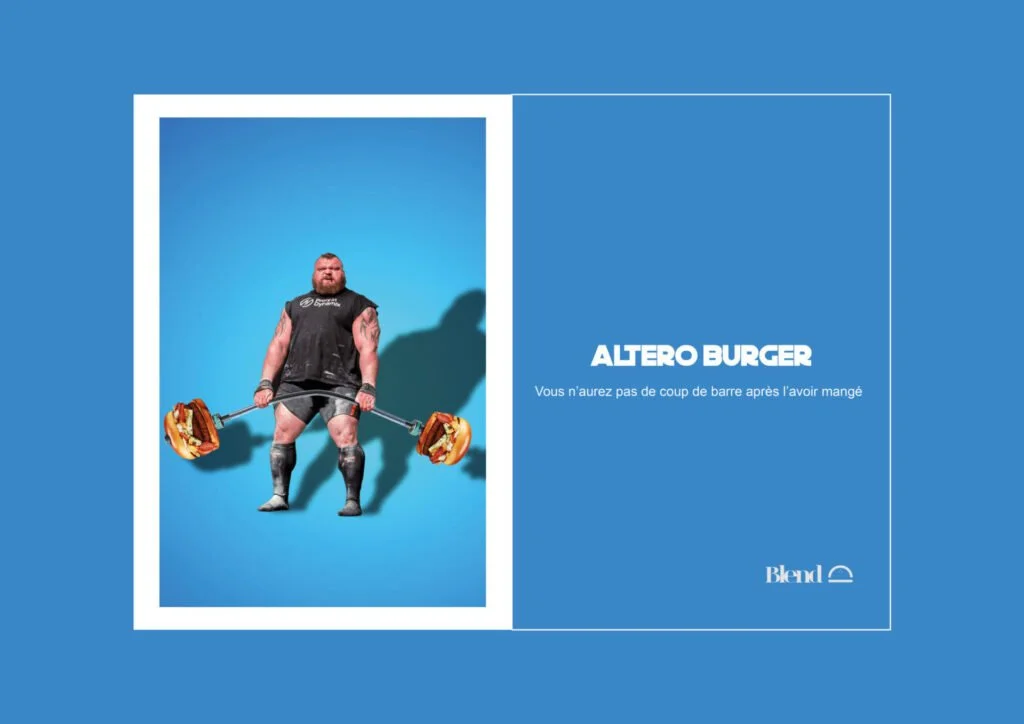 Un homme musclé et grand qui soulève une barre avec deux hamburgers à chaque extrémité, sur fond bleu. Texte à côté : "ALFERO BURGER" et "Vous n'aurez pas de coup de barre après l'avoir mangé".