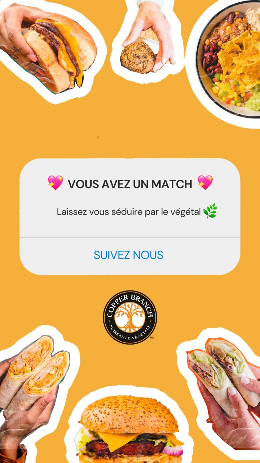 Image composée de différents aliments végétariens et végétaliens, incluant un burger végétarien, une salade de pâtes, un wrap végétarien, un burger végétalien, et des biscuits maison, avec un logo de Copper Branch.
