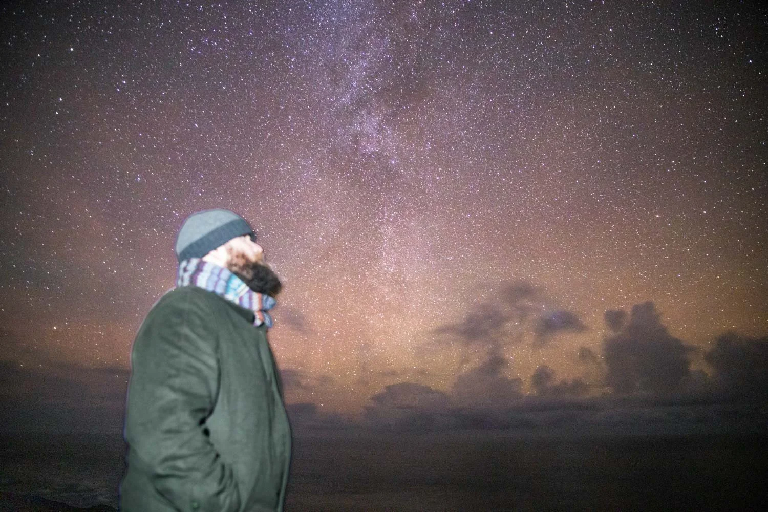 Personne portant un manteau, une écharpe et un bonnet, regardant le ciel étoilé avec la voie lactée visible en arrière-plan