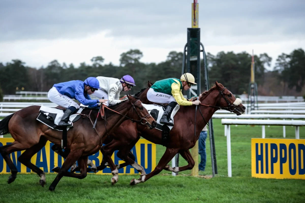 Trois chevaux de course avec leurs jockeys en pleine course sur une piste d'hippodrome, avec des panneaux publicitaires et un ciel nuageux.