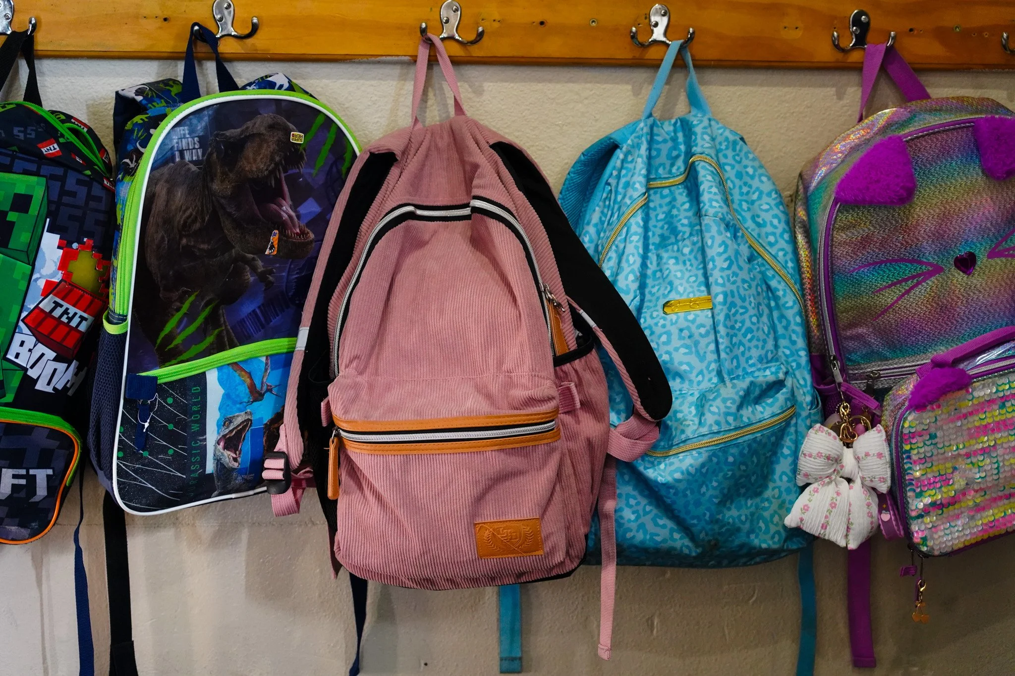 A display of colorful backpacks hanging on hooks.