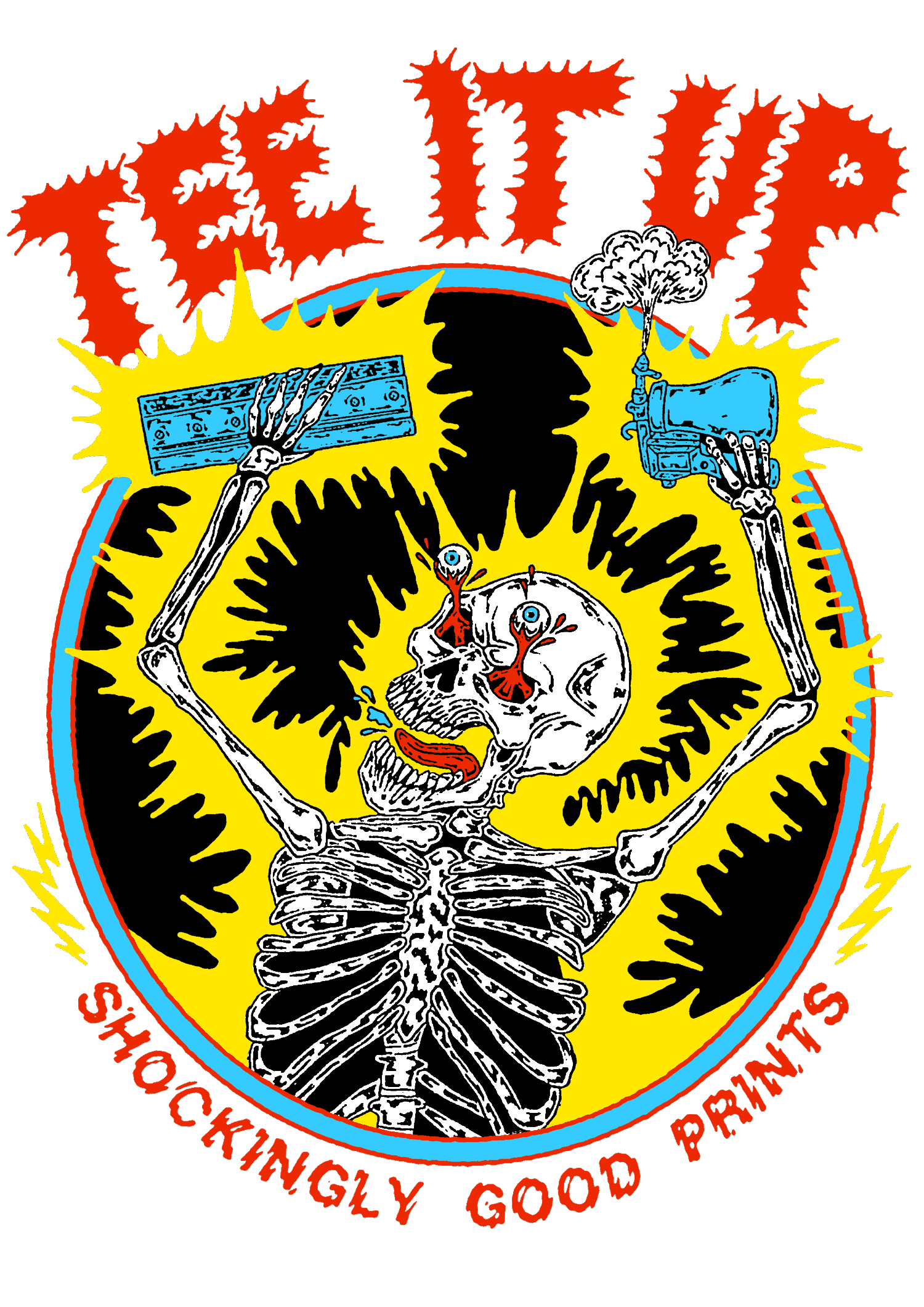 Tee It Up Shockingly Good Prints skeleton artwork, alternating yellow and neon green.
