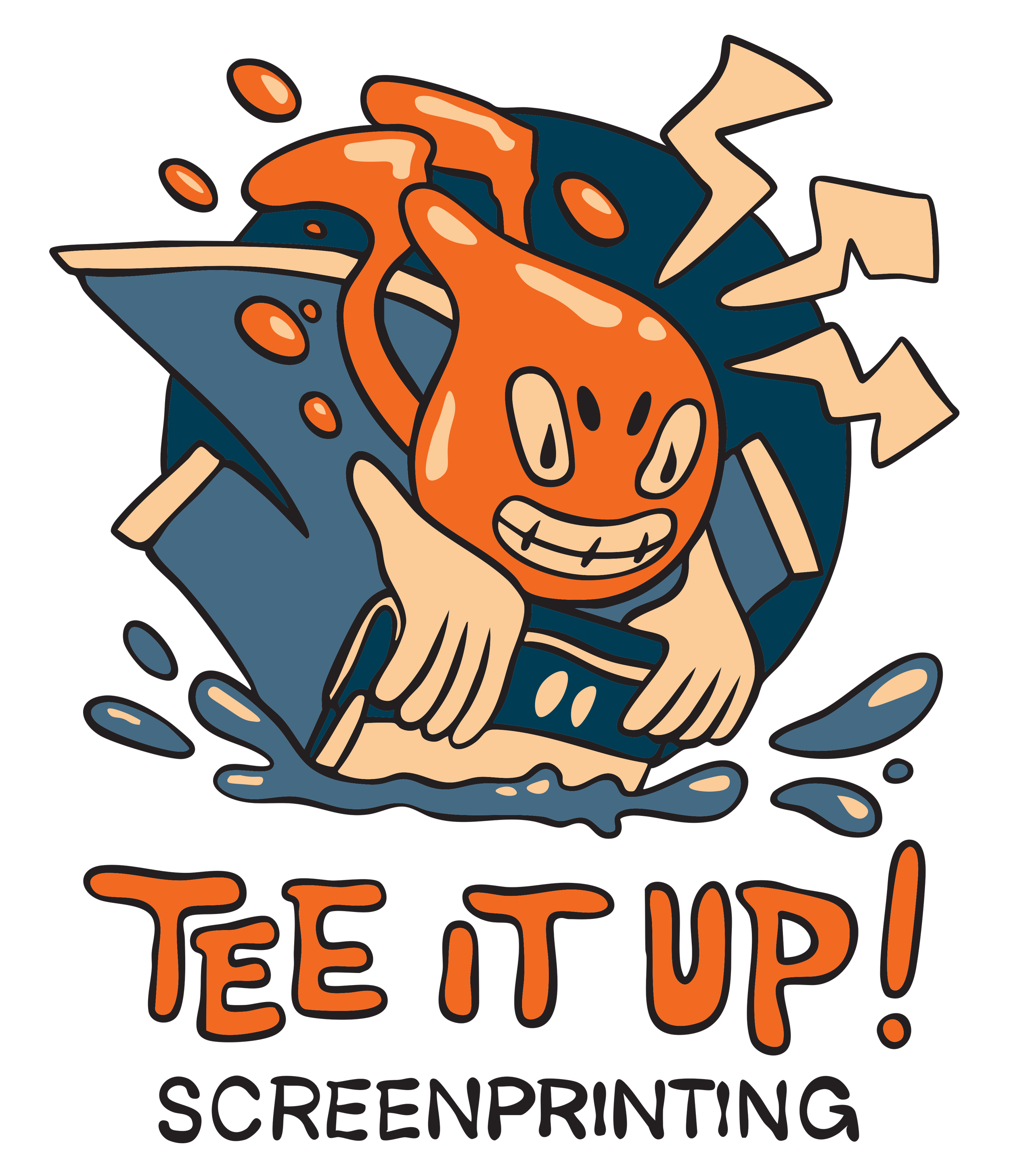 Tee It Up Screenprinting illustrated logo with an orange ink character holding a squeegee.