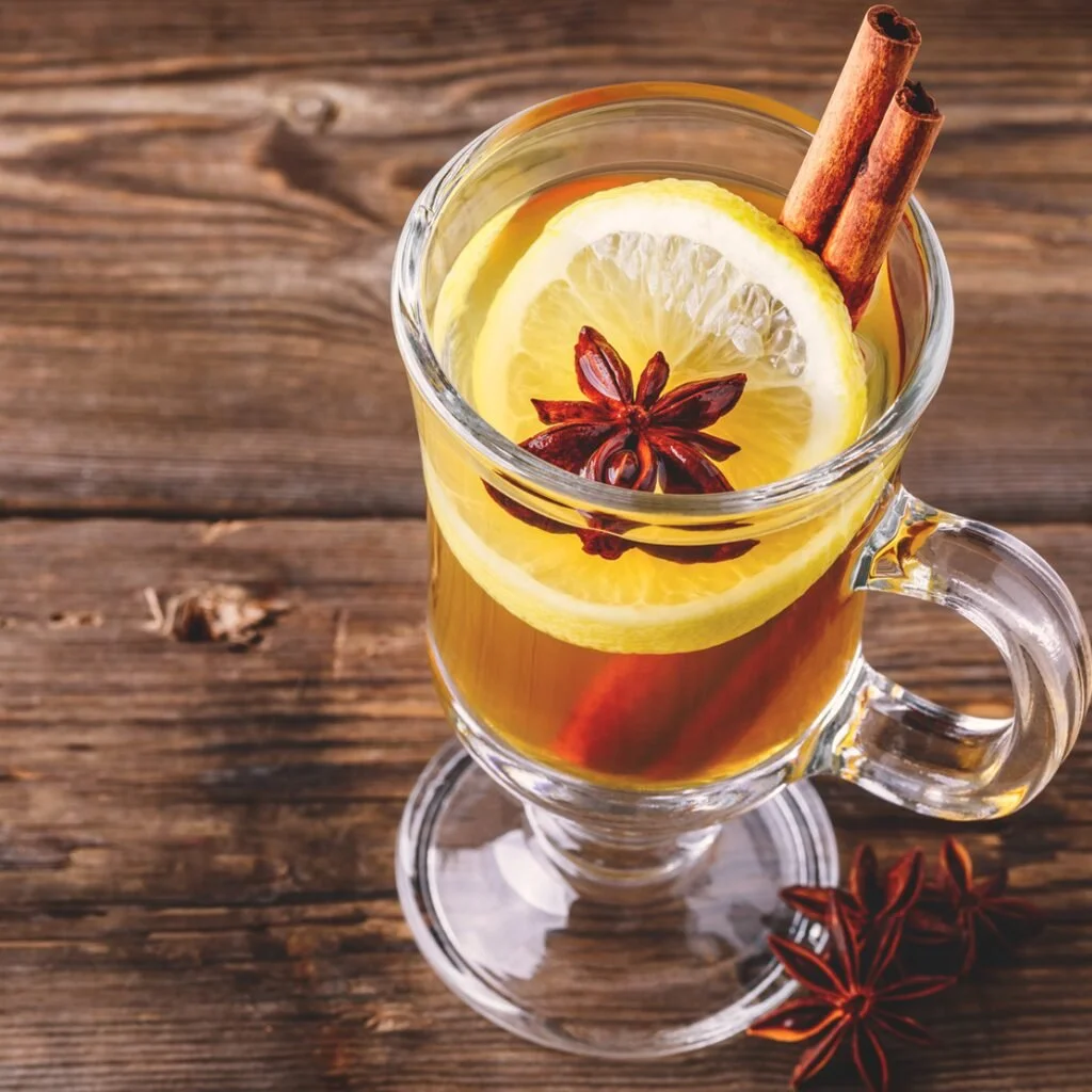 A Hotel Tango Hot Toddy in a glass mug filled with tea, garnished with lemon slices, star anise, and cinnamon sticks, placed on a rustic wooden surface.