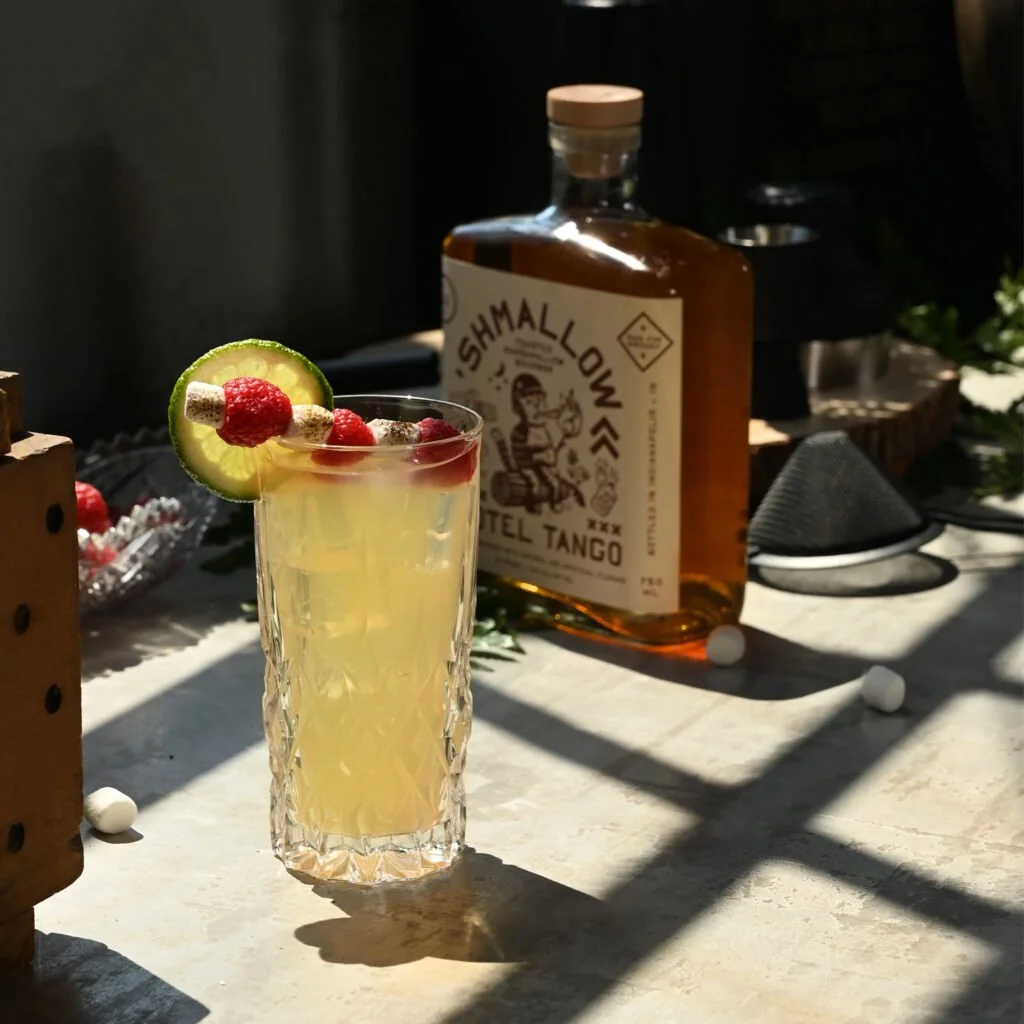 'Shmallow Limeade made with Hotel Tango 'Shmallow Whiskey, garnished with raspberry and lime.