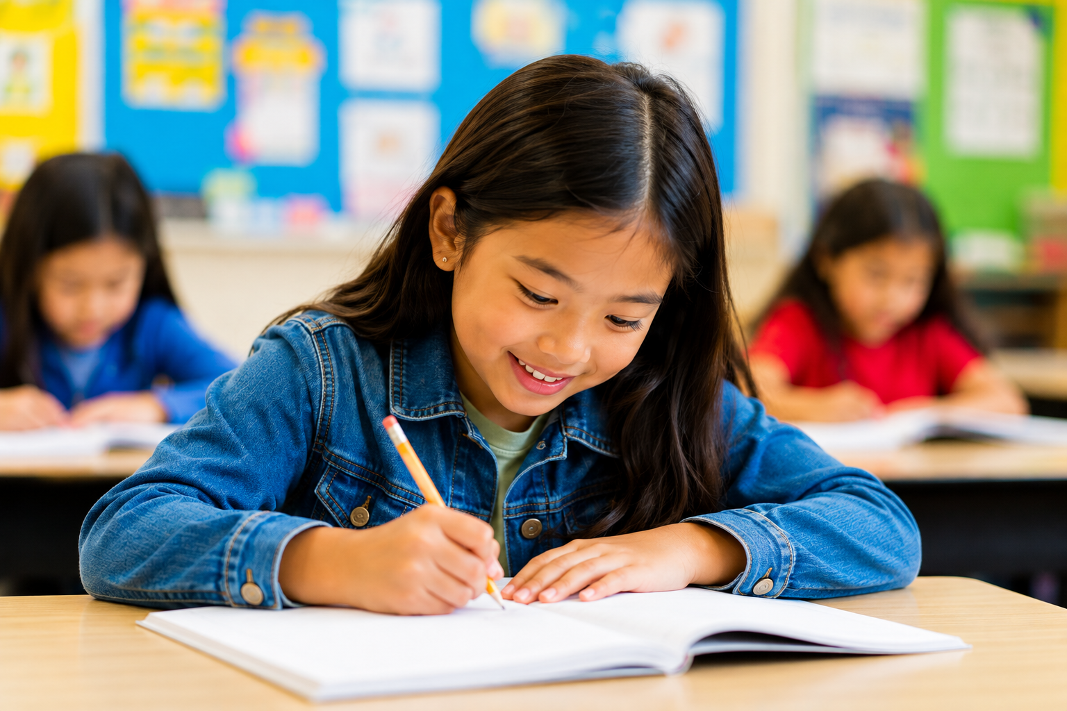 A young girl with long dark hair wearing a denim jacket, smiling and writing in a notebook in a classroom. Two other girls are blurred in the background, also writing, with colorful bulletin boards on the wall.
