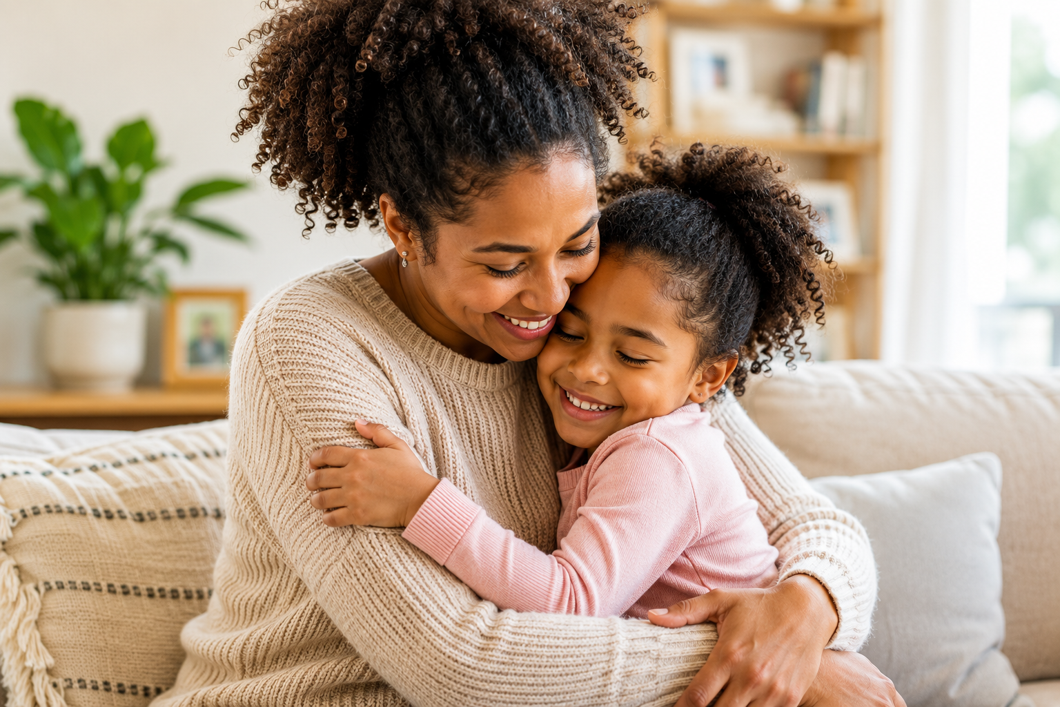 A woman and a young girl hugging and smiling in a cozy living room with a bookshelf, houseplant, and framed photo in the background.