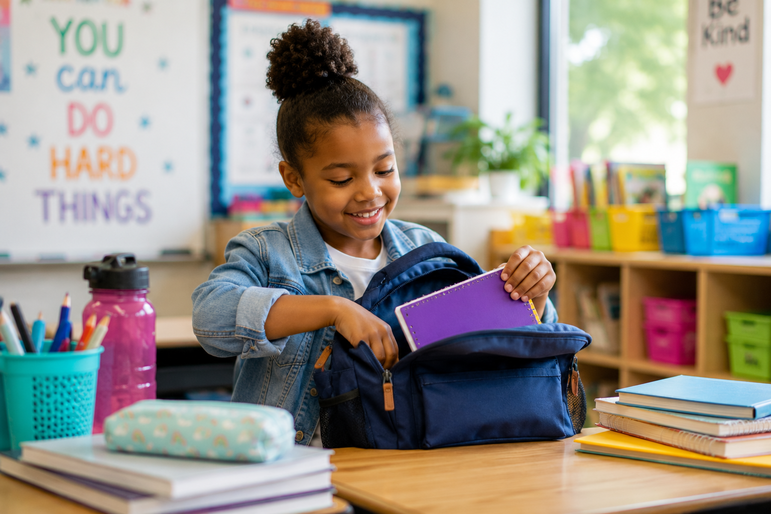 A young girl with curly hair in a ponytail smiling as she packs her backpack in a colorful classroom.