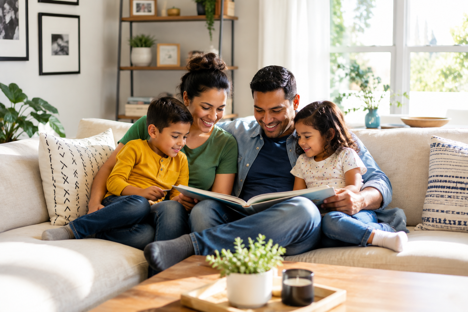 A family of four sitting on a sofa, reading a book together in their living room.